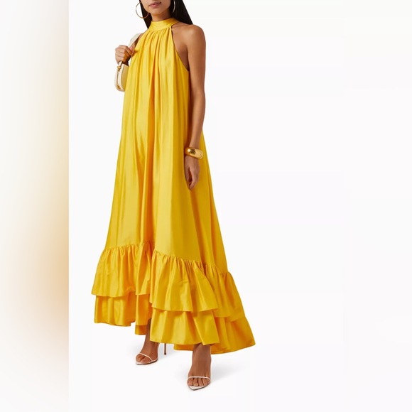 Alice + Olivia Jovie Yellow Halter Ruffle Maxi Dress Size Small - Picture 2 of 14